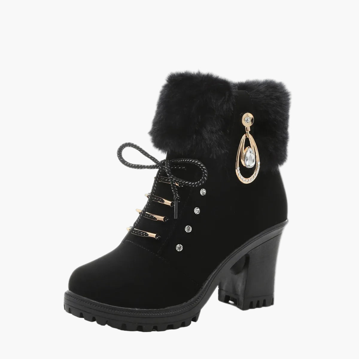 Damskie zimowe botki na obcasie z sznurówkami i kołnierzem z sztucznego futra – Eleganckie buty na zewnątrz na zimne dni