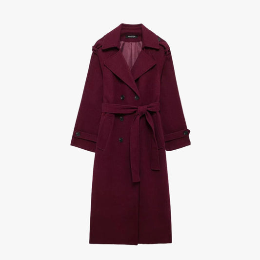 Quinty | Elegancki Trencz w Bordo z Paskiem