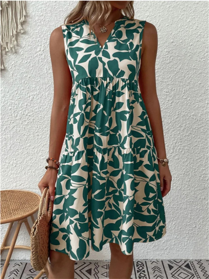 Elegancka sukienka bez rękawów z dekoltem V i rozkloszowanym dołem