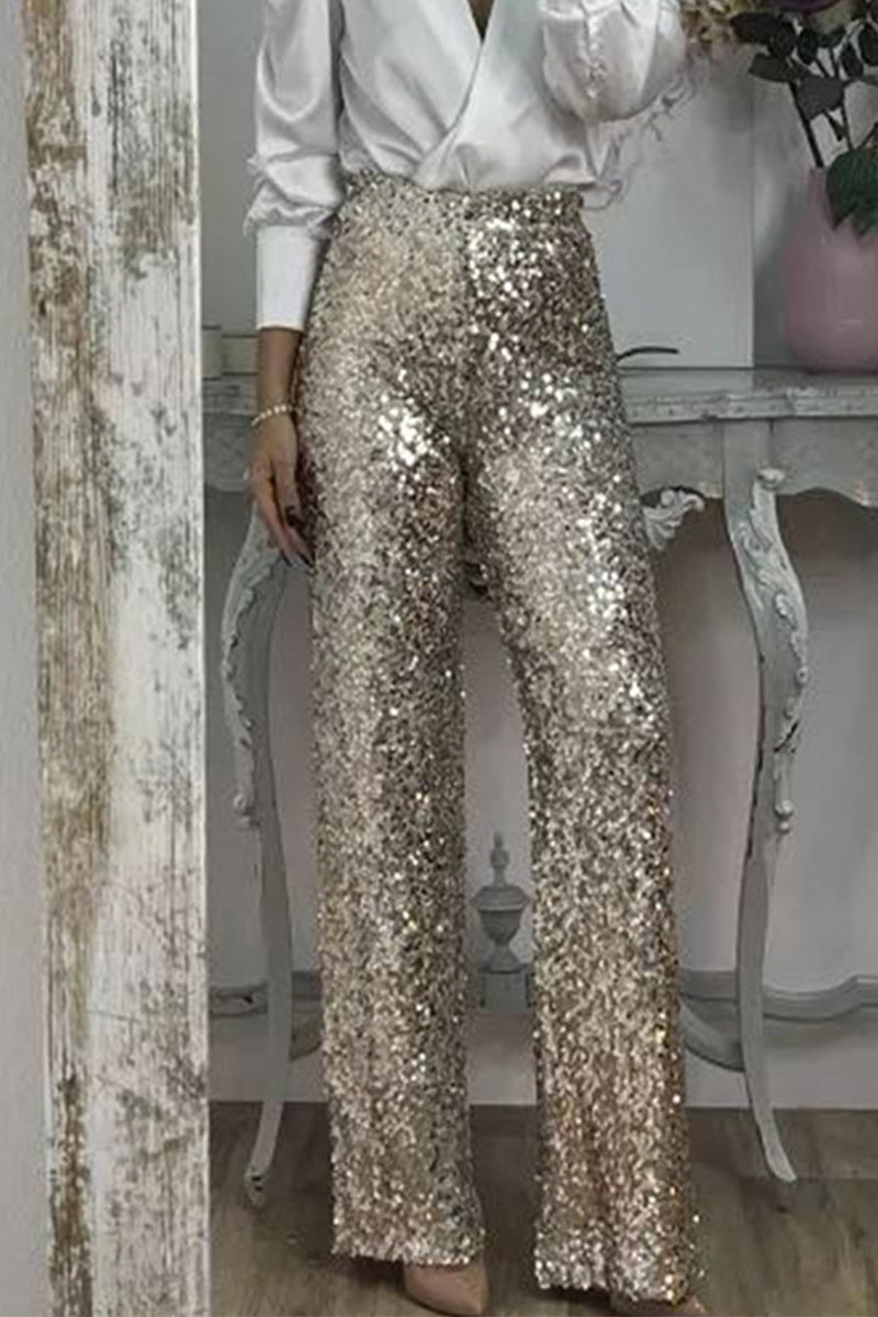 Damskie Cekinowe Wysokiej Talii Spodnie Imprezowe