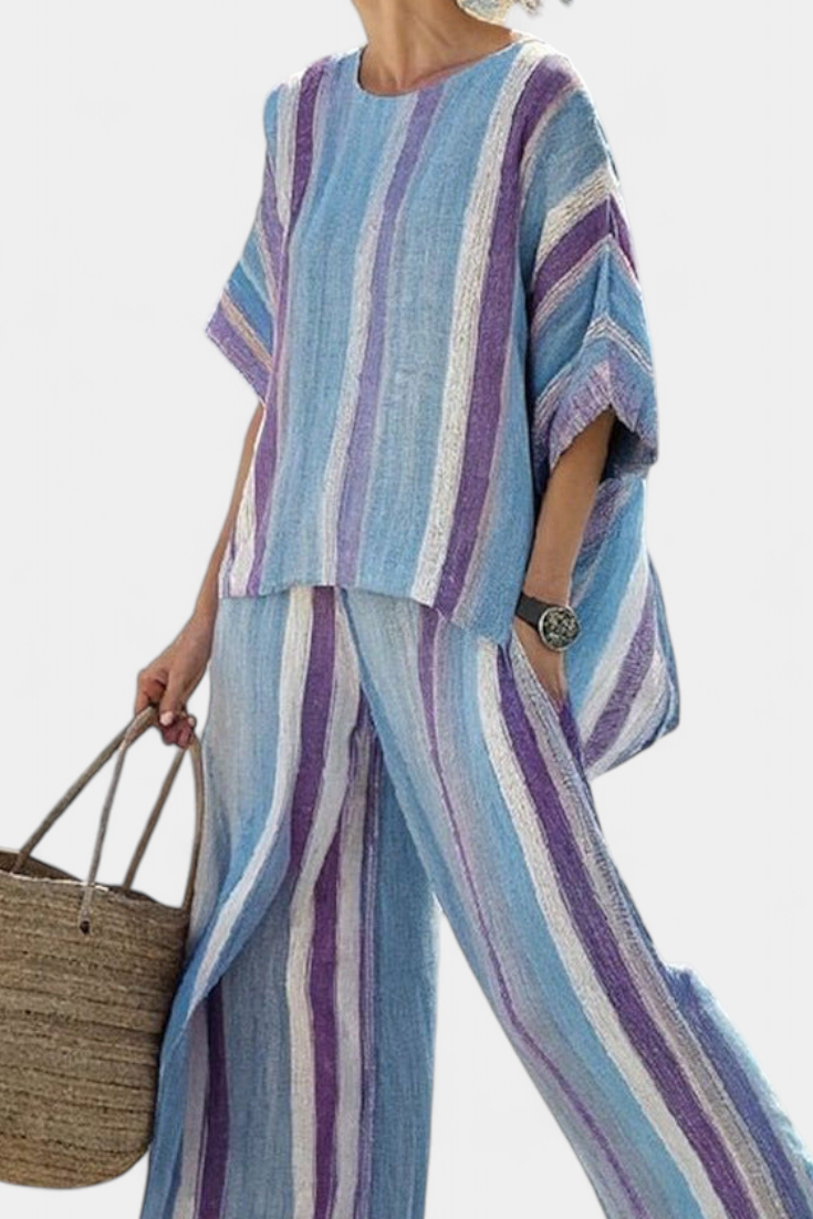 Elegancki pastelowy top i lniane spodnie w paski