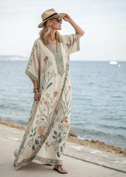 Kobieta Kwiatowa Mieszanka Bawełny Sukienka Zwiewna | Elegancka Luźna Maxi Kaftan na Wesele