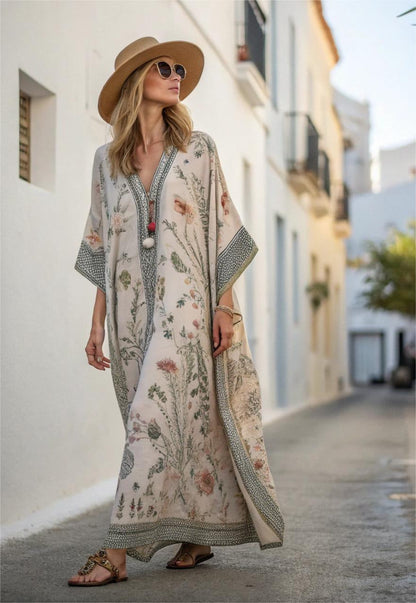 Kobieta Kwiatowa Mieszanka Bawełny Sukienka Zwiewna | Elegancka Luźna Maxi Kaftan na Wesele