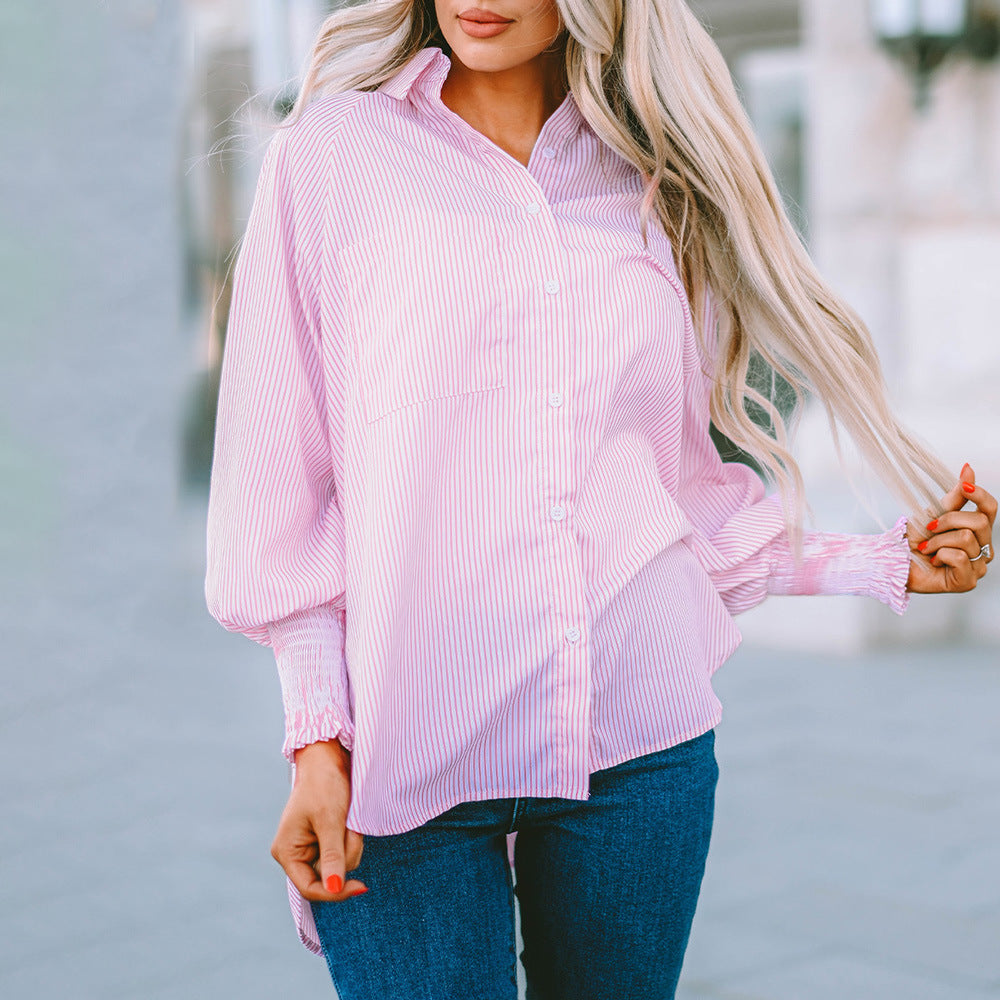 Koszule Damskie | Oversize Koszula w Błękitne Paski z Marszczonym Mankietem | Stylowy Element na Każdą Okazję 2