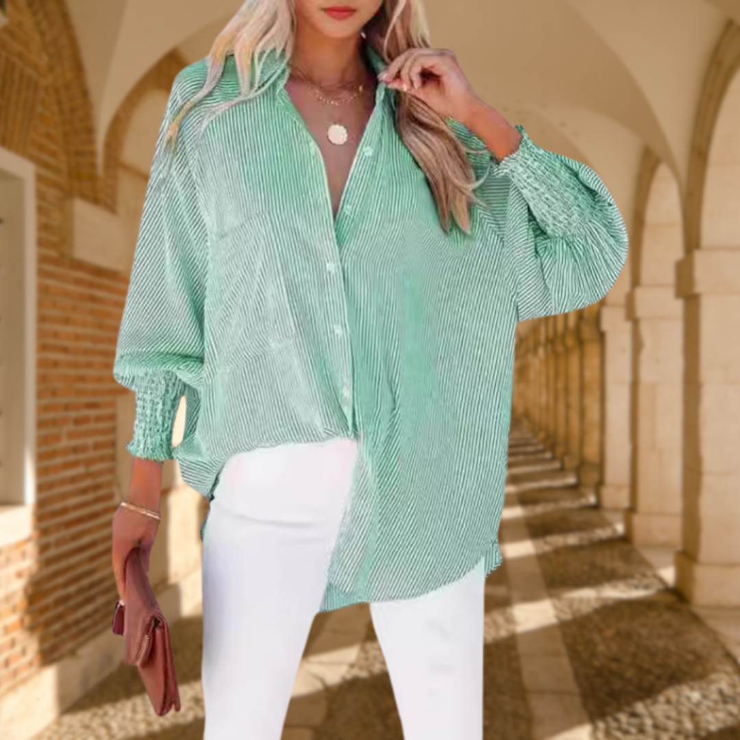 Koszule Damskie | Oversize Koszula w Błękitne Paski z Marszczonym Mankietem | Stylowy Element na Każdą Okazję 6