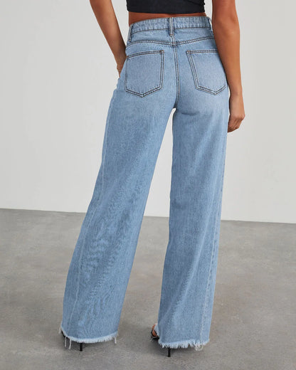 Mona | Stylowe szare jeansy damskie wide leg z nieobszytym dołem