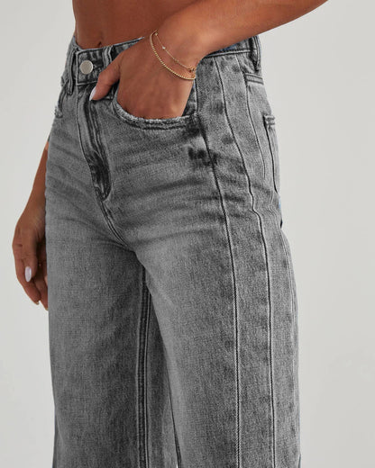 Mona | Stylowe szare jeansy damskie wide leg z nieobszytym dołem