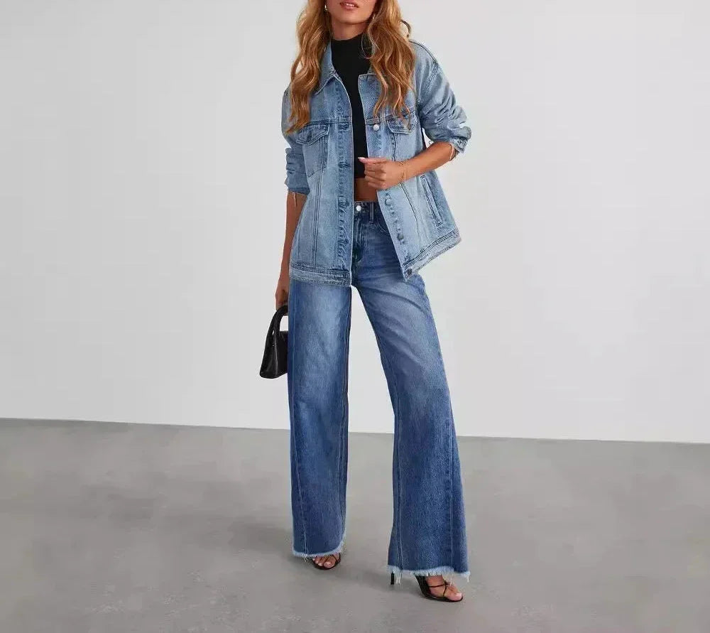 Mona | Stylowe szare jeansy damskie wide leg z nieobszytym dołem