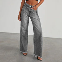 Mona | Stylowe szare jeansy damskie wide leg z nieobszytym dołem