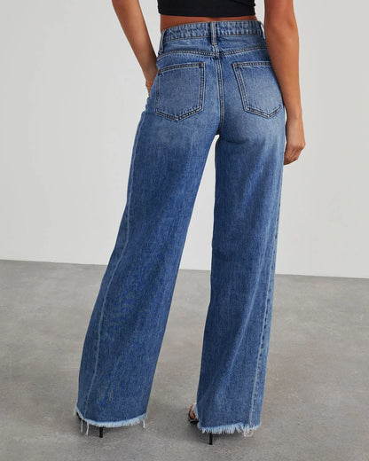 Mona | Stylowe szare jeansy damskie wide leg z nieobszytym dołem