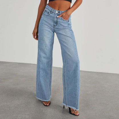 Mona | Stylowe szare jeansy damskie wide leg z nieobszytym dołem