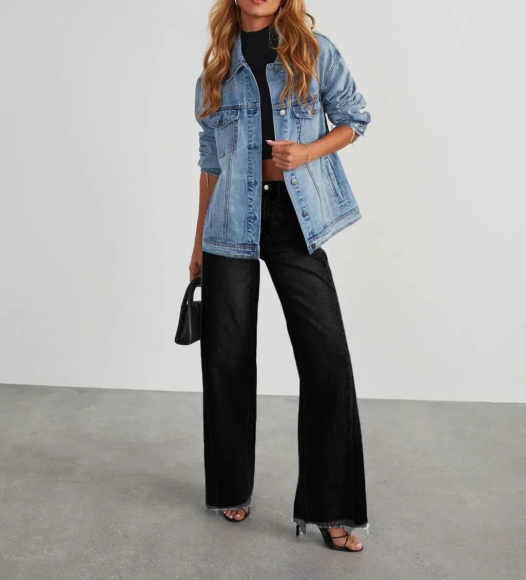 Mona | Stylowe szare jeansy damskie wide leg z nieobszytym dołem