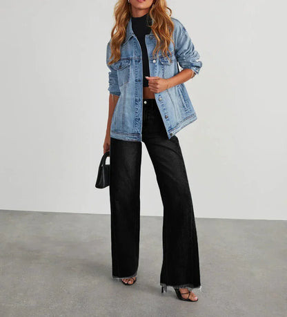 Mona | Stylowe szare jeansy damskie wide leg z nieobszytym dołem