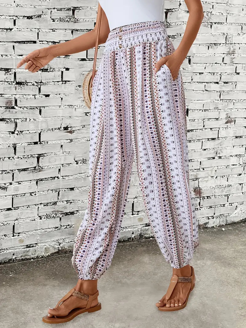 Styl Boho | Spodnie Damskie z Szerokimi Nogawkami i Elastyczną Talią | Lekki Materiał Idealny na Co Dzień