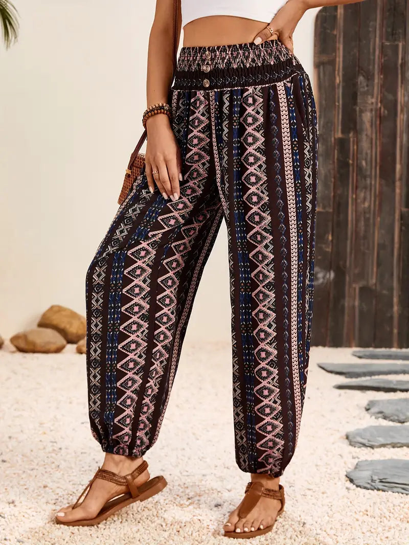 Styl Boho | Spodnie Damskie z Szerokimi Nogawkami i Elastyczną Talią | Lekki Materiał Idealny na Co Dzień