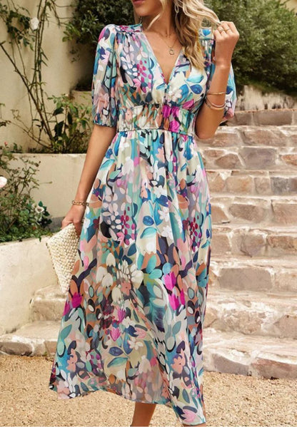 Stylowa Sukienka Maxi z Kwiatowym Nadrukiem i Bufiastymi Rękawami | Lekki Materiał dla Komfortu na Wesele