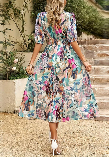 Stylowa Sukienka Maxi z Kwiatowym Nadrukiem i Bufiastymi Rękawami | Lekki Materiał dla Komfortu na Wesele