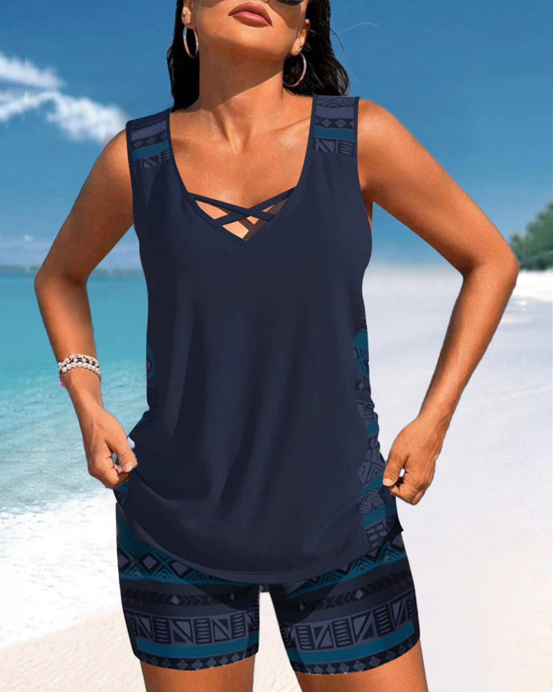 Stylowe Tankini | Damskie Stroje Kąpielowe z Krzyżowym Dekoltem i Wzorzystymi Ramiączkami | Komfort i Elegancja na Plaży