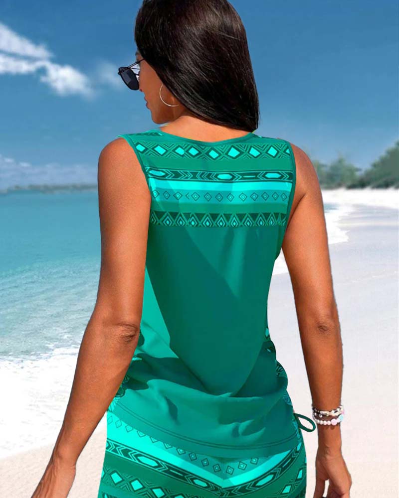 Stylowe Tankini | Damskie Stroje Kąpielowe z Krzyżowym Dekoltem i Wzorzystymi Ramiączkami | Komfort i Elegancja na Plaży