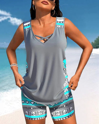 Stylowe Tankini | Damskie Stroje Kąpielowe z Krzyżowym Dekoltem i Wzorzystymi Ramiączkami | Komfort i Elegancja na Plaży