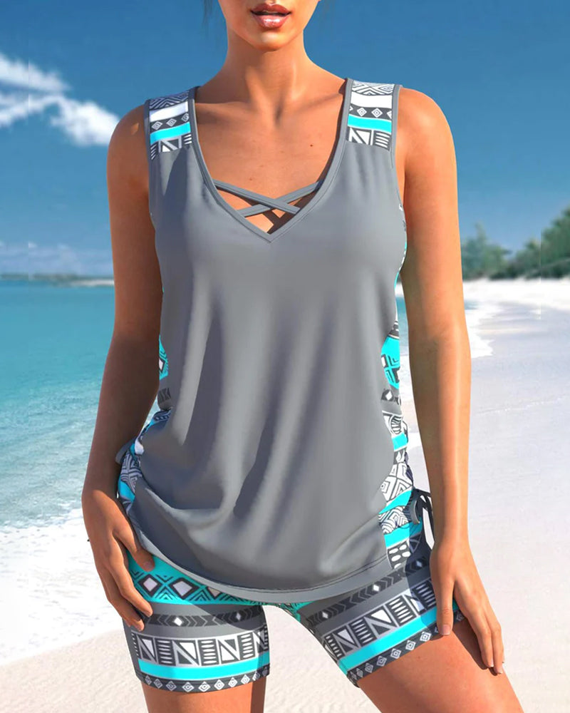 Stylowe Tankini | Damskie Stroje Kąpielowe z Krzyżowym Dekoltem i Wzorzystymi Ramiączkami | Komfort i Elegancja na Plaży