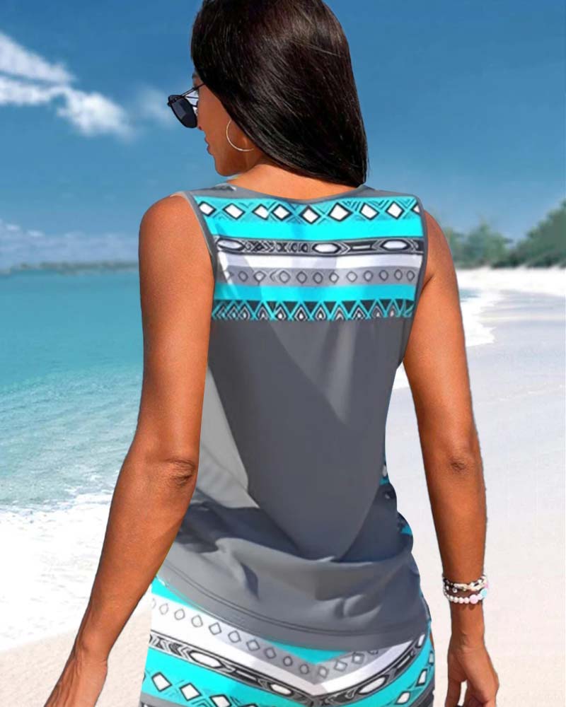 Stylowe Tankini | Damskie Stroje Kąpielowe z Krzyżowym Dekoltem i Wzorzystymi Ramiączkami | Komfort i Elegancja na Plaży