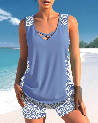 Stylowe Tankini | Damskie Stroje Kąpielowe z Krzyżowym Dekoltem i Wzorzystymi Ramiączkami | Komfort i Elegancja na Plaży