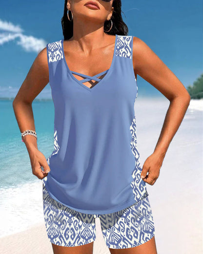 Stylowe Tankini | Damskie Stroje Kąpielowe z Krzyżowym Dekoltem i Wzorzystymi Ramiączkami | Komfort i Elegancja na Plaży