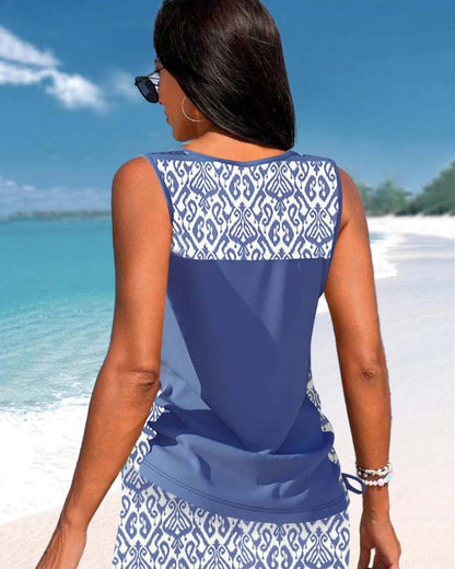 Stylowe Tankini | Damskie Stroje Kąpielowe z Krzyżowym Dekoltem i Wzorzystymi Ramiączkami | Komfort i Elegancja na Plaży
