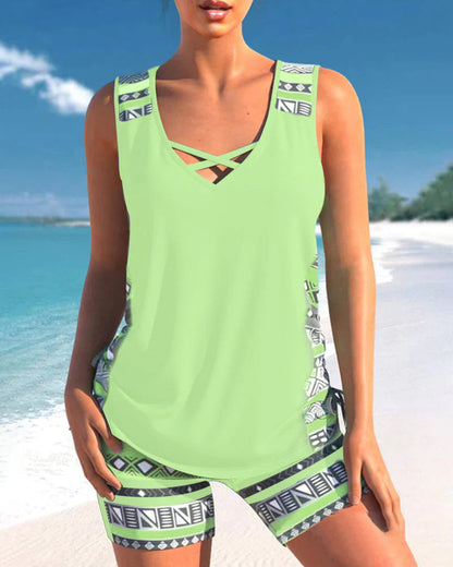 Stylowe Tankini | Damskie Stroje Kąpielowe z Krzyżowym Dekoltem i Wzorzystymi Ramiączkami | Komfort i Elegancja na Plaży