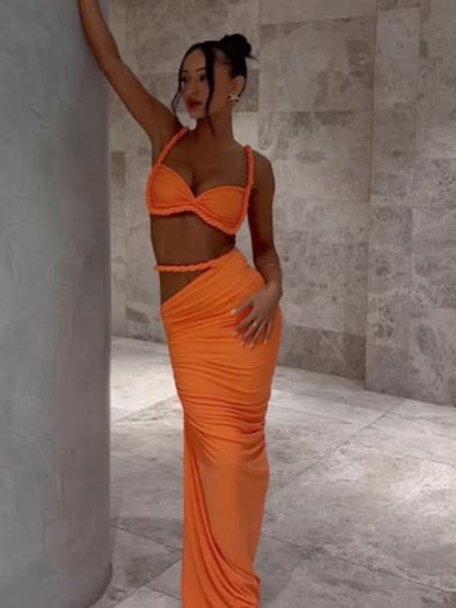 Stylowy Zestaw Damski | Komplet Top i Spódnica Maxi z Asymetrycznym Wycięciem dla Eleganckiego Looku