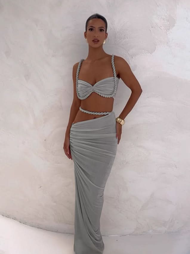 Stylowy Zestaw Damski | Komplet Top i Spódnica Maxi z Asymetrycznym Wycięciem dla Eleganckiego Looku